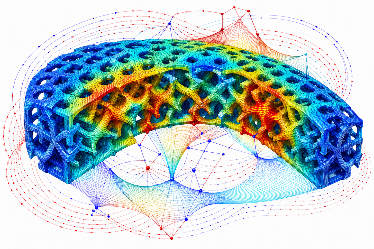 Meshed elastic metamaterial with topological fields